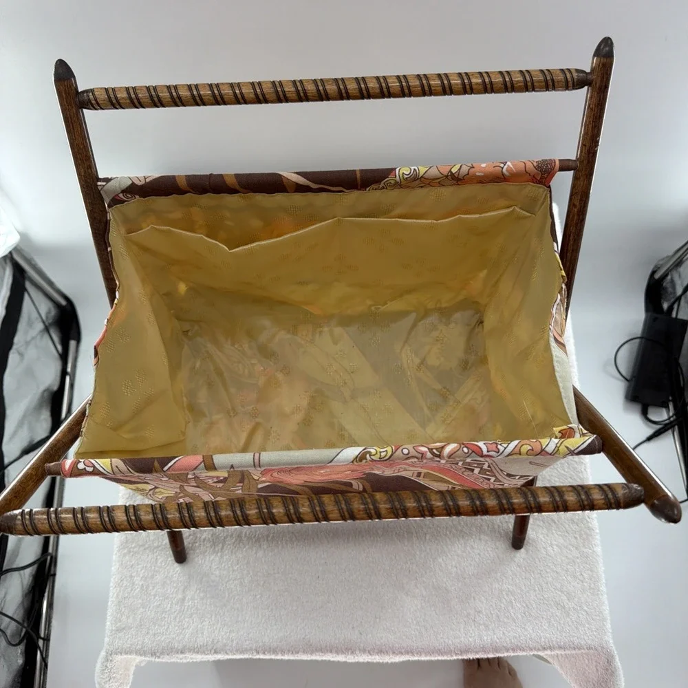 VTG MCM Wood Framed Floral Folding Knit Craft Sew Yarn Basket Flowers With Yarn